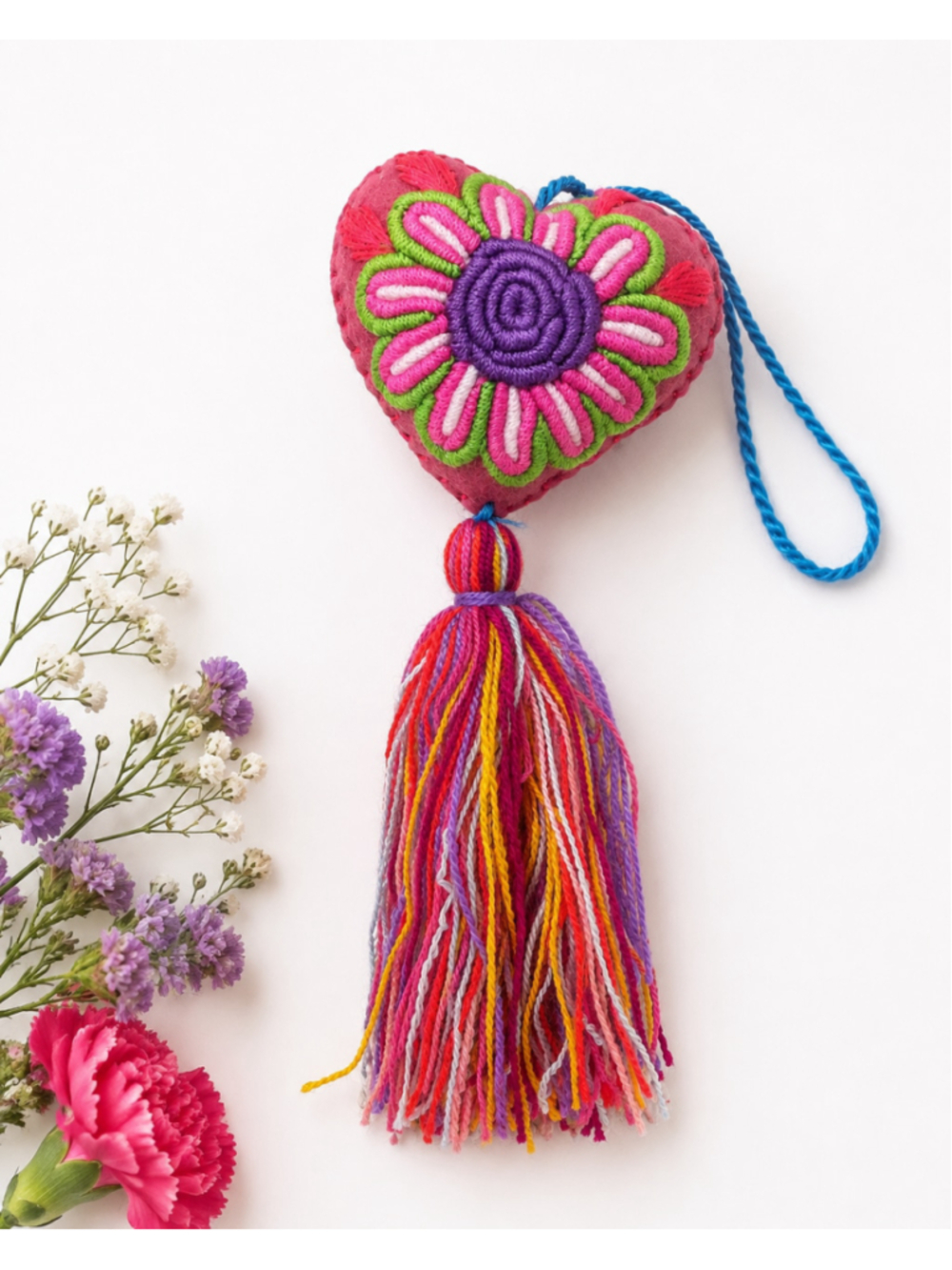 Mexican Handmade Embroidered Heart Tassel Ornament Pink Purple